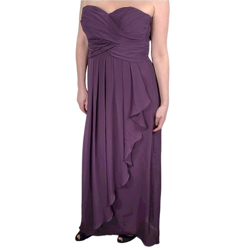 David's Bridal Purple Long Ruffle Strapless Dress